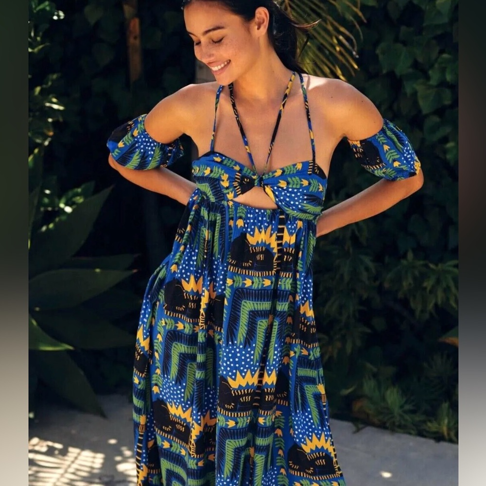 NWOT Anthropologie Incerti Bandeau Whimsical Cat Blue Maxi Dress Size M.